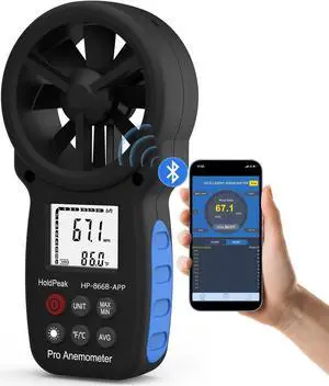Handheld Anemometer Bluetooth, Digital Wind Speed Gauge Meter, Air Flow Velocity Temperature CFM Measuring Device for HVAC Outdoor Sailing Shooting Golf, 866B-APP