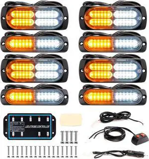 8-pcs Sync Feature LED Emergency Strobe Lights Ultra Slim Grille Surface Mount Flashing Warning Hazard Light Bar w/Controller for Construction, Firefighter, Trucks, Vehicles, Car (Amber/White)