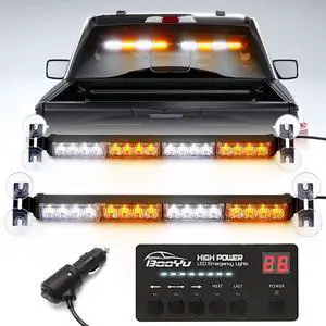 2 in 1 Traffic Advisor Light Bar w/Digital Display Controller Windshield LED Emergency Strobe Visor Safety Warning Hazard Flashing Lights for Firefighter Police Trucks Vehicles (Amber/White)