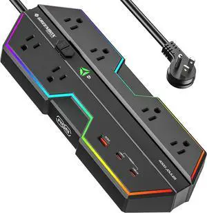 Surge Protector Power Strip with USB Ports, 6 Outlet Power Strip with RGB Lights and PD 20W Fast Charging, Wide-Spaced Outlet Perfect for e-Sports, Game PC, Home and Offices