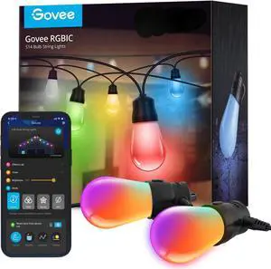 Outdoor String Lights H7015 with 15 Dimmable RGBIC LED Bulbs, 48ft IP65 Waterproof Shatterproof Christmas Decorations, Color Changing Warm White Lights with 47 Scene Modes for Christmas