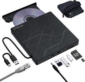 Super External CD DVD Drive, USB 3.0 DVD Burner with Ethernet Adapter, 3 USB and 2 TF/SD Card Ports, CD DVD Player Reader Writer Optical Disk Drive for Laptop PC Mac Windows Linux with Carrying Case