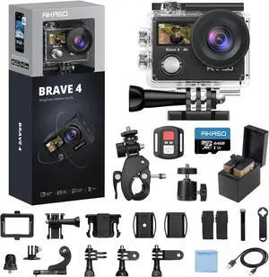 Brave 4 Action Camera 4K 30fps with 64GB MicroSD U3 Card Bicycle Helmet Accessories Kit Bundle, 20MP Ultra HD 131FT Waterproof Underwater Camera EIS WiFi Remote Control 5X Zoom Sport Cameras