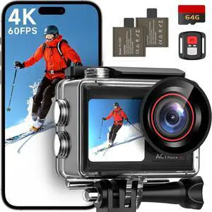 4K60FPS 30MP Action Camera with Front LCD and Touch Rear Screens, Underwater Camera with 64GB Memory Card, 132FT Waterproof Camera, EIS, 5X Zoom, WiFi Remote ControlBlack