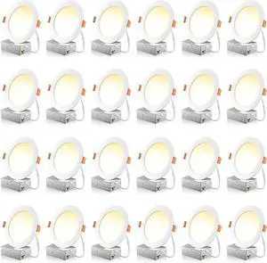 24 Pack 6 Inch 5CCT Ultra-Thin LED Recessed Ceiling Light with Junction Box, 2700K/3000K/3500K/4000K/5000K Selectable, 1050LM Brightness, Dimmable Canless Wafer Downlight, 12WEqv110W-ETL&FCC