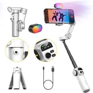 Stabilizer for iPhone w/RGB Magnetic Fill Light, Foldable Gimbal w/7.8' Extension Rod & OLED Display for Vlogging & Filmmaking, Compatible with iPhone 16/15 Pro Max-Smart X2 Kit White