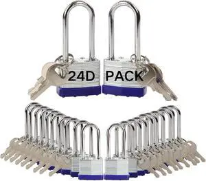 24Pcs Set Laminated-Padlocks with Key Different, Extra Long-Shackle, 1-9/16" 40MM Heavy-Duty Steel Lock Body Each Lock with 2 Big Key for Outdoor & Indoor Lockers-Lock,Fence,Gate, Tool-Box