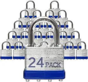 Lock Outdoor Padlocks, Key Lock, Padlocks with Same Key - Laminated Steel Keyed Padlocks with Normal Shackle, 24 Pack, for Hasp Latch, Sheds, Fences, Storage Locker, School, Gym