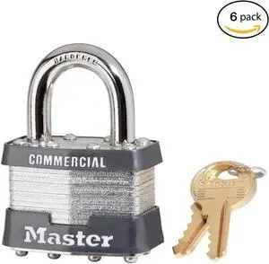 6 Pack Master Lock 1KA-2006 1-3/4" Wide Keyed Alike Commercial Grade Laminated Padlock with 15/16" Shackle Height - Keyed to 2006 Key Code