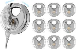 10-Pack Discus Padlocks Keyed Alike, 2-3/4 inch Wide, Stainless Steel 304 Round Lock, Waterproof and Rustproof Storage Lock with Brass Keys, Ideal for Storage Unit Gate, Outdoor, Shed, Fence