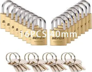 16 Pcs 40mm Heavy-Duty Solid Brass Padlocks with Same Keys 24 Pcs, Weather Proof Body 40mm 1-9/16", Anti-Rust & Anti-Cut Shackle, Outdoor Lock Keyed Alike for Gates, Shed, Fence, Gym Locker