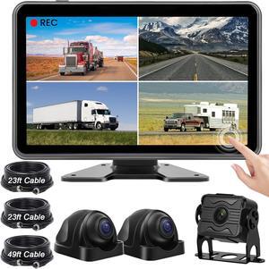 10.1" Wired Backup Camera System with Touch Screen Monitor for Truck RV Bus Trailer, 3 Reverse Rear View & Side View AHD1080P Camera, Night Vision & IP68,4 Split Screen, DVR Recording,Plug and Play