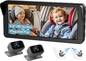 Dual Baby Car Camera for 2 Kids  6.9 Split-Screen HD Display, Infrared Night Vision, Easy Installation, Backseat Camera for Infant & Toddler Safety, Compatible with All Car Models