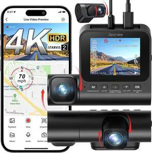 3 Channel 4K Dash Cam, Dash Camera for Cars with STARVIS 2 HDR Night Vision, 4K+1080P+1080P Front Inside and Rear Triple Car Camera, GPS, 24H Parking Mode, Free 64GB Card