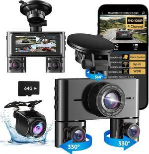 360 Dash Cam Front and Rear Inside, 4 Channel Dash Camera for Cars FHD 1080Px4, Built-in Wi-Fi, 3.16 IPS Screen, WDR Night Vision, Voice Control, Included 64GB Card, 24H Parking Mode