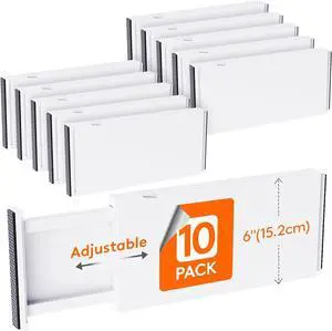 10 Pack Drawer Dividers Plastic 6" High, 13.5-22" Adjustable Drawer Organizers for Clothes, Expandable Dresser Separators in Bedroom/Bathroom/Kitchen/Fridge/Office Organization and Storage