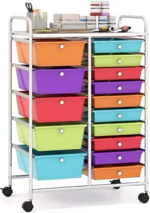 15-Drawer Organizer Cart Office School Storage Cart Rolling Drawer Cart for Tools, Scrapbook, Paper (Multicolor)