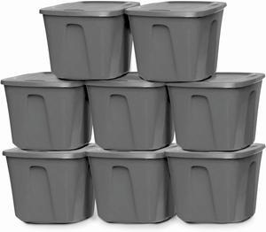 Multipurpose 18 Gallon Stackable Plastic Storage Container Tote Bin with Secure Snap-On Lid for Home and Office Organization, Grey (8 Pack)