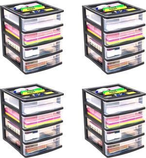 Living 4 Drawer Desktop & Countertop Organizer w/Organization Lid for Craft Storage, Office Supplies & School Supplies, Black/Clear (4 Pack)
