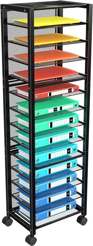 Trending 14 Tier Rolling File Cart, Desk File Organizer with Sliding Trays and Wetal Mesh Paper Letter Storage Multi-Functional Rolling Clutter Cart for Office, Home, School, Black