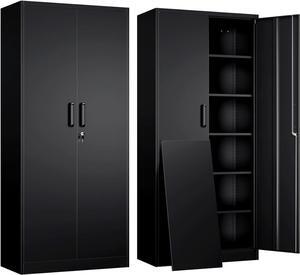 Metal Garage Storage Cabinet with 2 Doors and 5 Adjustable Shelves - 71" Steel Lockable File Cabinet,Locking Tool Cabinets for Office,Home,Garage,Gym,School (Black)
