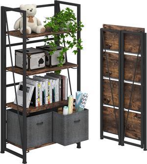 No-Assembly Folding Bookshelf Storage Shelves 4 Tiers Vintage Bookcase Standing Racks Study Organizer Home Office (Rustic Brown and Black)