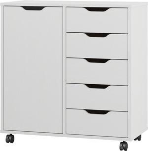 5-Drawer Chest with 1 Door, Wooden Chest of Drawers Storage Dresser Cabinet with Wheels, Office Organization and Storage, Bedroom Furniture (White-S)