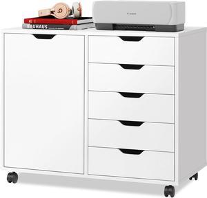5-Drawer Wood Dresser Chest with Door, Mobile Storage Cabinet, Printer Stand for Home Office