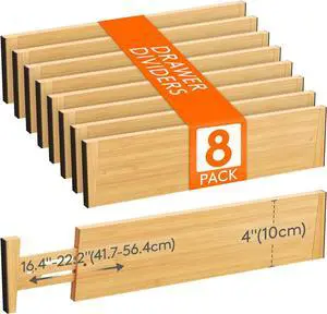 8 Pack Drawer Dividers Bamboo 4" High, 16-22" Adjustable Drawer Organizers for Clothes, Expandable Dresser Separators in Bedroom/Bathroom/Kitchen/Fridge/Office Organization and Storage