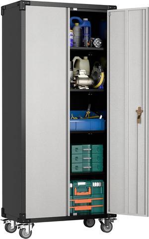 Garage Storage Cabinet with Wheels,72" Metal Storage Cabinet with 2 Doors and 4 Adjustable Shelves, Lockable Rolling Cabinet,Home Office Metal Utility Cabinet for Garage,Assembly Required
