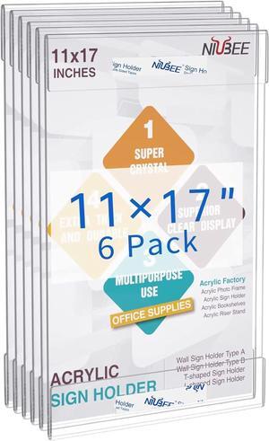 6 Pack Acrylic Sign Holder 11 x 17 inches Wall Mount Sign Holders Clear Acrylic Frame with Double Sided Tape Clear Poster Frames Plastic Sign Holder for Office, Home, Restaurant, Vertical