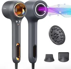 Professional Ionic Hair Dryer with Diffuser, High-Speed Blow Dryer with 110,000 RPM Brushless Motor for Fast Drying | Lightweight, Low Noise, Thermo-Controlled Hairdryer for Home/Travel, Gray