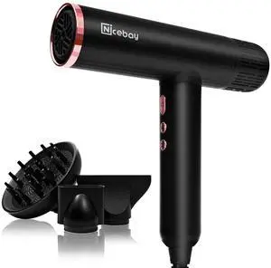 Ionic Hair Dryer with Diffuser, Professional Blow Dryer with 3 Attachments, 110000RPM High-Speed Brushless Motor for Fast Drying, Lightweight, Low Noise, 1600W