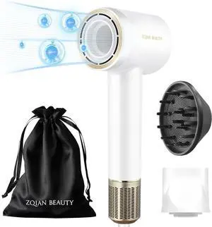 Professional 200 Million Negative Ionic Hair Dryer with Diffuser and Concentrator - Fast Drying, Low Noise, Travel-Friendly (Matte White)