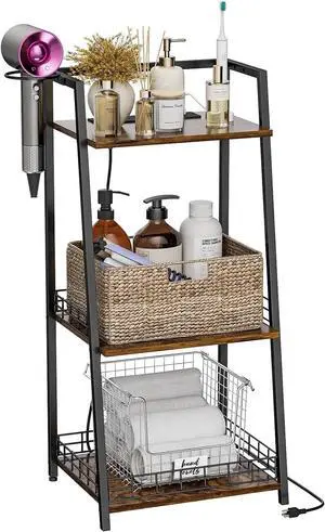 Bathroom Shelves with Charging Station, USB Ports and Outlets, Bathroom Organizers and Storage with Hair Dryer Holder, Storage Shelves for Small Spaces, Bathroom, Laundry Room, Living Room