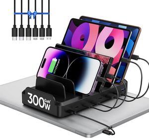 300W USB C Charging Station for Multiple Devices, 8 Port Multi Device Fast Charging Station for MacBook iPhone 15 Phone iPad Tablets Black (6 Mixed Short Cables Included)