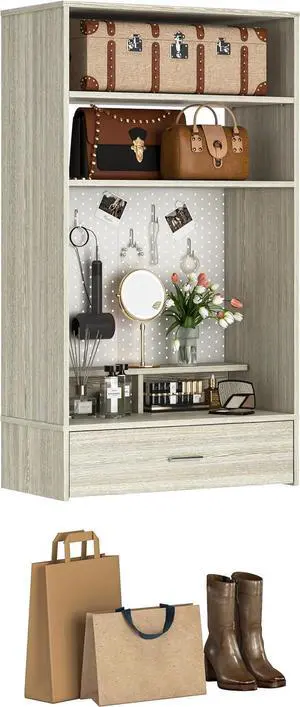 24 inch Closet System with Drawers and Magnetic Pegboard, Wall Mounted Closet Organizer with Vanity Storage Shelves, Multipurpose Vanity Desk for Bedroom, Mudroom, and Entryway, White Oak