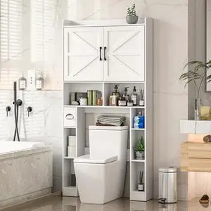 Over The Toilet Storage Cabinet, Farmhouse Toilet Cabinet Rack with Barn Doors, Space Saving Bathroom Organizer with Shelves, Toilet Paper Holder and Towel Rack for Bathroom,Restroom,LaundryWhite
