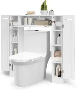 Over The Toilet Storage Cabinet, Bathroom Space Saver w/Adjustable Shelves & Paper Holder, Freestanding Above Toilet Organizer w/ 2 Side & Pull-Down Door for Bathroom Storage (White)