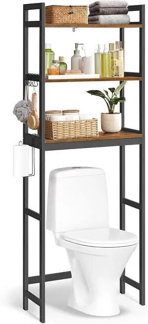 Over-The-Toilet Storage, 3-Tier Bathroom Organizer Over Toilet with Adjustable Shelves, Hooks, Bamboo, Freestanding Space Saver Bathroom Shelves, Rustic Brown and Ink Black UBTS012B01
