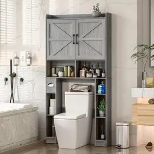 Over The Toilet Storage Cabinet, Farmhouse Toilet Cabinet Rack with Barn Doors, Space Saving Bathroom Organizer with Shelves, Toilet Paper Holder and Towel Rack for Bathroom,Restroom,Laundry,Wash Grey
