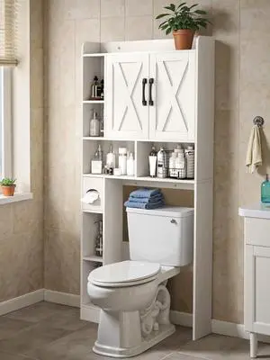 Over The Toilet Storage Cabinet, Bathroom Organizer with 2 Magnetic Doors and Adjustable Shelves, Home Space-Saving Toilet Rack with Paper Holder Stand, for Bathroom, Restroom, Laundry (White)