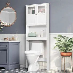 Over The Toilet Storage Cabinet with Adjustable Shelf White Bathroom Floor Organizer Space Saver with Double Doors, 67" Height