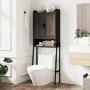 Over The Toilet Storage Cabinet, Farmhouse Bathroom Cabinet Above Toilet with Double Doors, Adjustable Shelves, Metal Stand, Freestanding Bathroom Space Saver for Restroom, Laundry
