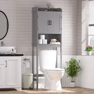 Over The Toilet Rack for Bathroom, Freestanding Over The Toilet Storage, Bathroom Cabinet Over Toilet w/Adjustable Shelf & Storage Rack, Grey