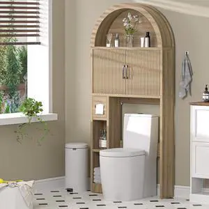 Over The Toilet Storage Cabinet, Freestanding Bathroom Organizer with Adjustable Shelf and Anti-Tip Device, Arched Cabinet with Doors, Space-Saving Toilet Storage for Bathroom, Laundry, Mini Bar