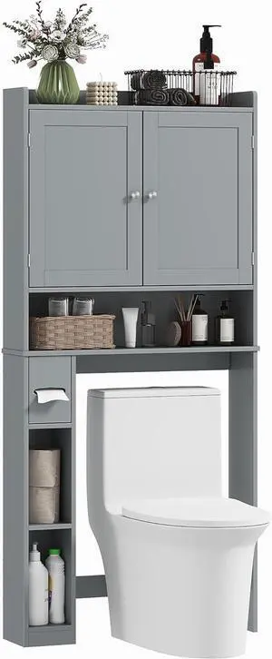 Over The Toilet Storage Cabinet, Modern Above Toilet Bathroom Organizer with 2 Doors, Storage Shelves, Toilet Paper Holder, Freestanding Space Saver for Bathroom, Laundry, Gray