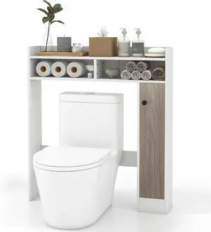 Over The Toilet Storage Cabinet, Freestanding Bathroom Organizer w/Single Door Cabinet & Open Shelves, Space-Saving Toilet Rack w/Adjustable Shelves for Laundry Room (White)