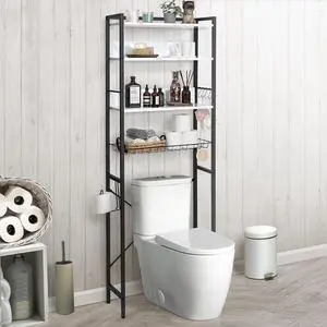 Over The Toilet Storage, 4-Tier Bathroom Organizer, Freestanding Toilet Shelf, Multifunctional Space Saver Toilet Rack with 4 Hooks, Laundry Organizer, Plant Stand for Balcony (Marble White)
