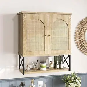 Rattan Bathroom Wall Cabinet, Boho Medicine Cabinet with Aeched Doors and Adjustable Shelves, Over The Toilet Space Saver Storage Wall Mounted for Kitchen, Laundry, Dining Room, Natural